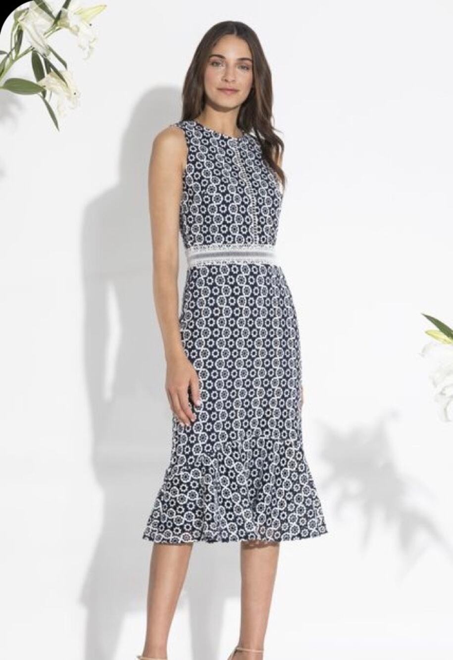 $550 Shoshanna Dress Womens Size 4 Navy & White Floral Eyelet Midi Sleeveless